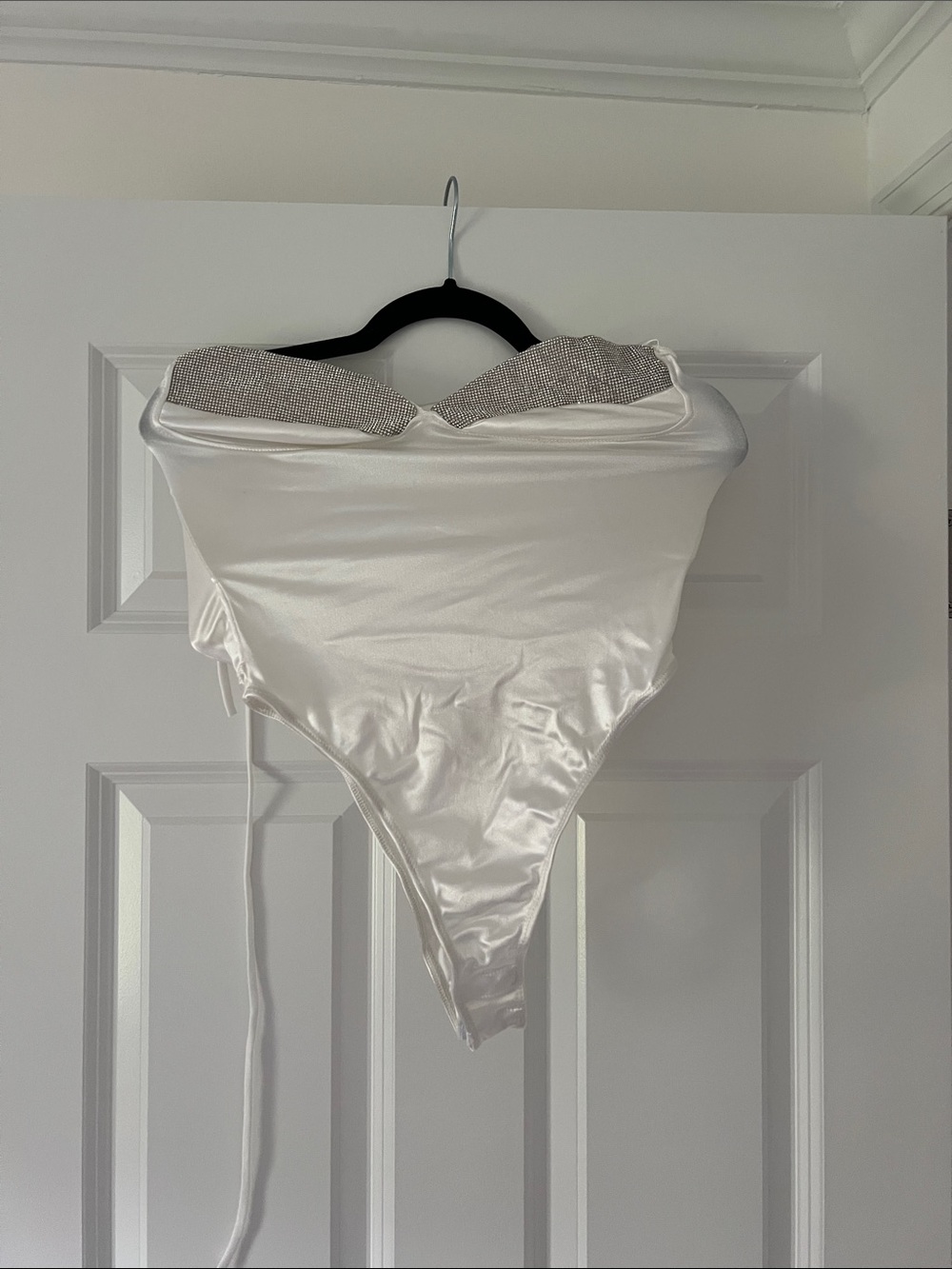Strapless Satin Bodysuit in White with Rhinestone Trim